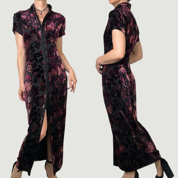 SOLD Jones New York velvet floral burnout maxi dress gown silk cheongsam - Picture 3 of 14